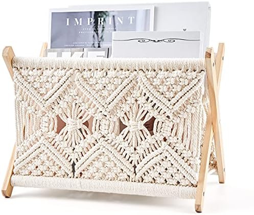 Mkono Macrame Magazine Holder, Boho Woven Book Rack Basket, 11.2"L x 7.5"W