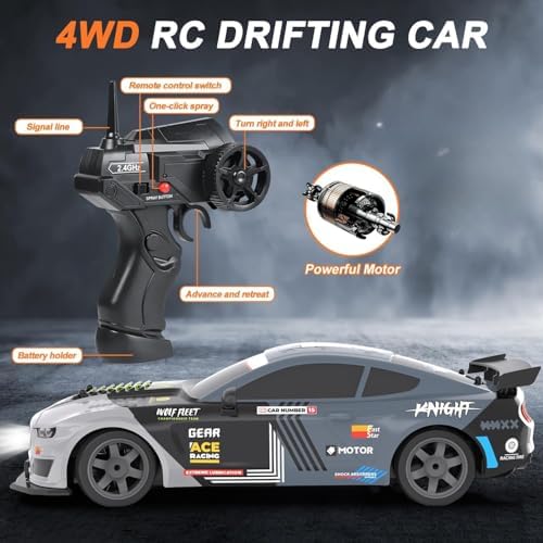 Dollox RC Drift Car 1/16 Scale Remote Control Car 2.4GHz 4WD High Speed 18+KM/H Race Car with LED Light and Spray, Extra Drifting Tires Racing Vehicle Toy Birthday Gifts for Adults Boys, 2 Batteries