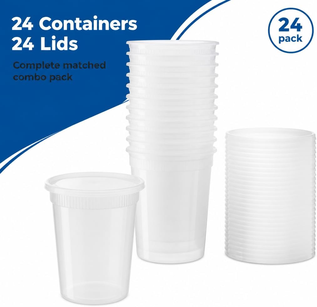Basix Deli Containers with Lids, 32 Oz Leakproof Plastic, 24 Count | Microwave & freezer safe, for soup, snacks, leftovers, takeout & picnics
