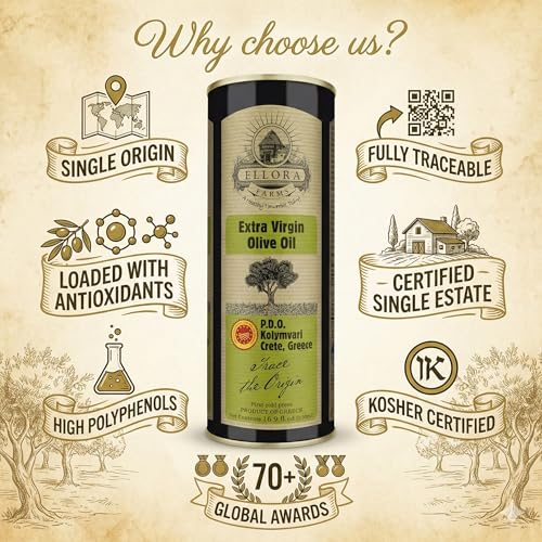 Ellora Farms Olive Oil Extra Virgin, Traceable & Certified PDO Polyphenol Rich Extra Virgin Olive Oil Cold Pressed, Global Gold Awards, Kosher, Single Origin from Crete, Greece 33.8 Fl oz, Pack of 2