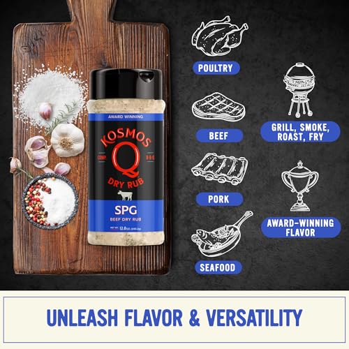 Kosmos Q SPG BBQ Dry Rub, Bold Salt Pepper Garlic Blend with Organic Cane Sugar, BBQ Seasoning for Brisket, Chicken, Steak, Ribs, Pork
