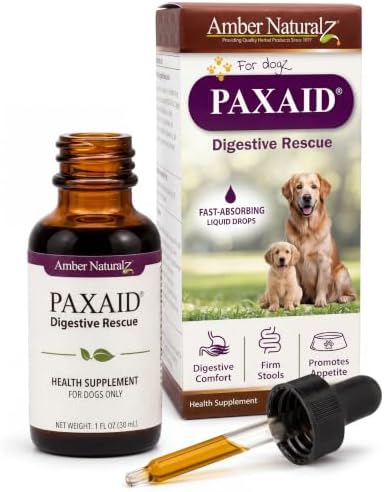 Amber NaturalZ Paxaid Dog Digestive Rescue Drops, Herbal, 1 FL OZ | Herbal digestive support drops for dogs & puppies; supports gut health, firm stools, normal appetite; USA-made