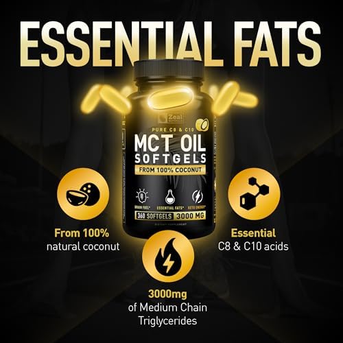 Pure MCT Oil Capsules (360 Softgels | 3000mg) 4 Month Supply Keto Pills w Unrefined Coconut - C10 & C8 Brain Fuel, Energy, Octane Ketosis