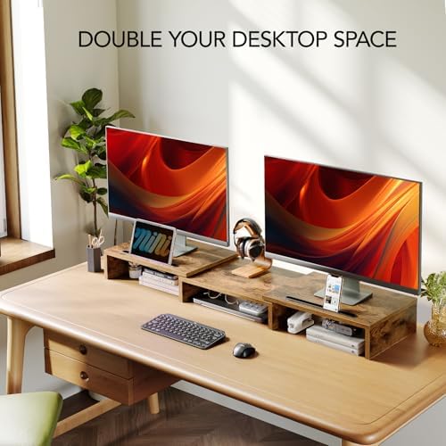 AMERIERGO Dual Monitor Stand Riser- 3 Shelf Screen Stand with Adjustable Length and Angle, 2 Extra Functional Slot Desktop Organizer Stand for PC