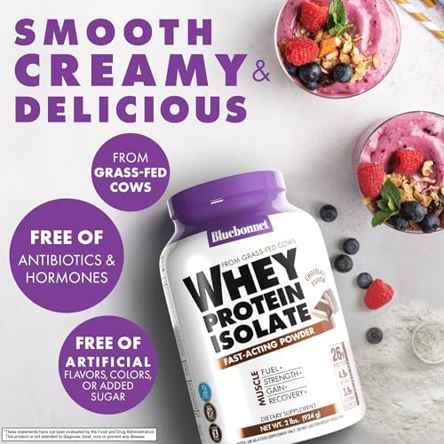 Bluebonnet Grass Fed Whey Protein Isolate 26 g Energy & Workout Recovery BCAA Amino Acids - Gluten-Free, Non-GMO