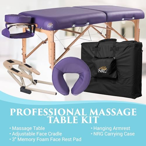 NRG Vedalux Portable Massage Table Package | Burgundy | Folding Lightweight Massage Bed | Professional Spa Table with Face Cradle, Hanging Armrest & Carrying Case