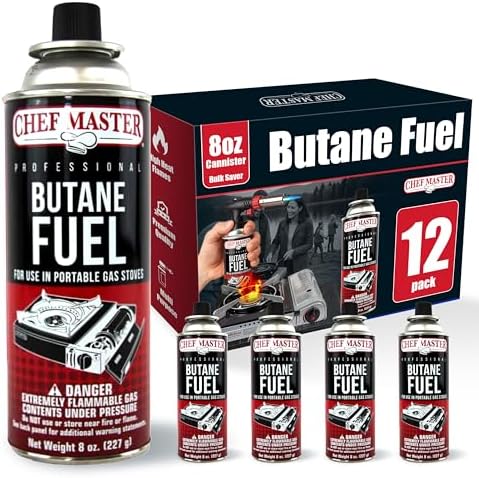 Chef Master Butane Fuel Canister, Camp Stove & Torch Refill, 8 oz, 12-Pack
