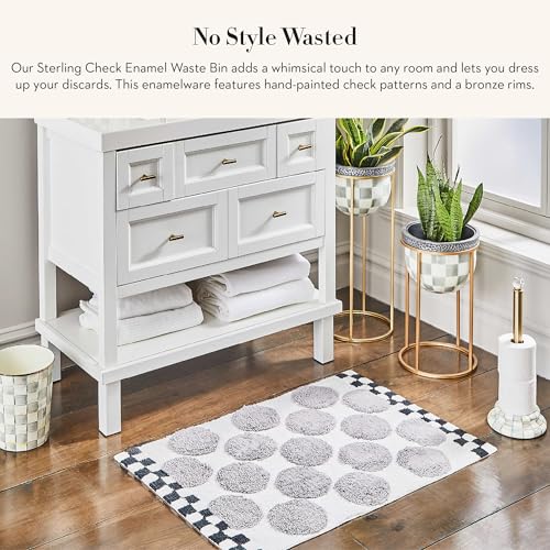 MACKENZIE-CHILDS Waste Bin, Black-and-White Courtly Check | Hand-painted design, made from enameled steel, decorative bedroom or bathroom trash can, 8" dia. x 9.5" H