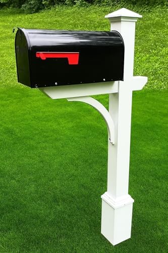 Argonne White Post & Black Mailbox (Large) | Personal curbside mailbox system features a large black aluminum mailbox, sturdy white square post, and custom house numbers.