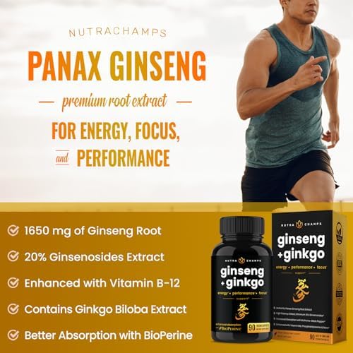NutraChamps Korean Red Panax Ginseng Capsules | Extra Strength Ginsenosides for Energy, Focus, Performance, Vitality & Immune Support | Korean Ginseng Root Extract for Men (120)