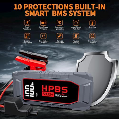 5000A Jump Starter with Air Compressor, Portable Car Battery Jump Starter with 150 PSI Tire Inflator for Up to 10.0L Gas and 8.0L Diesel Engines, 12V Jump Box Battery Charger Booster(Red)