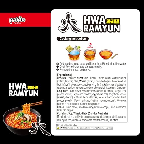 Paldo Fun & Yum Hwa Ramyun, Authentic Korean Imported, Spicy Soup Ramen, Quick & Easy to Cook Instant Noodles, Family Size 4/5-Pack