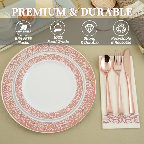 FOCUSLINE 175 Pieces Rose Gold Disposable Dinnerware Set for 25 Guests