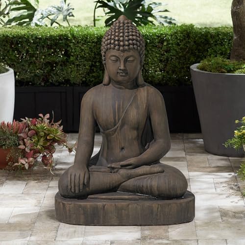 John Timberland Sitting Buddha 29 1/2" High Sandstone Outdoor Statue | Sculpture Zen Asian Japanese Garden Decor Front Porch Patio Yard Outside Home Balcony House Exterior Weathered Light Finish