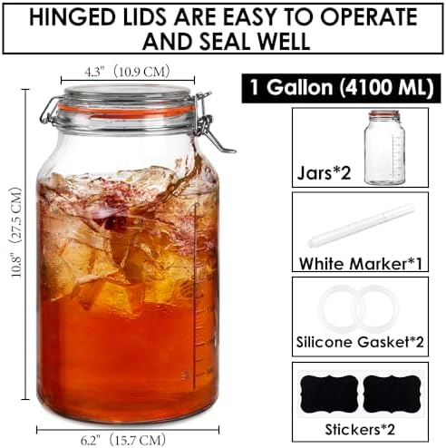 1 Gallon Glass Jars with Lids, 2 Pack Wide Mouth Mason Jars, 138 oz