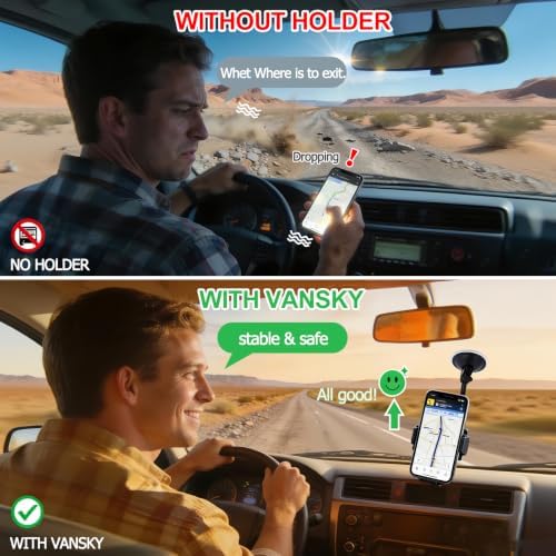 Vansky Stable Car Phone Holder: Clear Picture Even Over Speed Bumps | 3-in-1 Mount for Windshield Dashboard & Air Vent - Rock-Solid Grip on Potholes