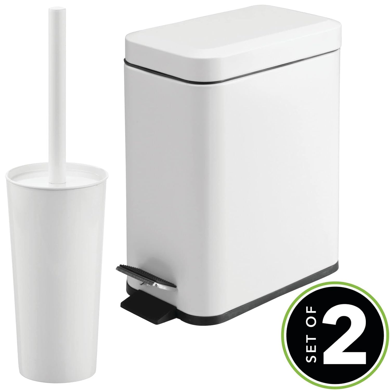 mDesign Metal Freestanding Slim Toilet Bowl Brush and Holder + Rectangle Narrow 5 Liter / 1.3 Gallon Step Pedal Trash Can Wastebasket for Bathroom