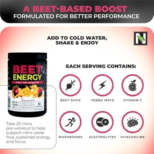 Nutrology Beet Energy O2 Pre Workout Passion Fruit Flavor - 30 Servings | Beet Juice Powder, Yerba Mate, Adaptogens, Electrolytes, Energy Support