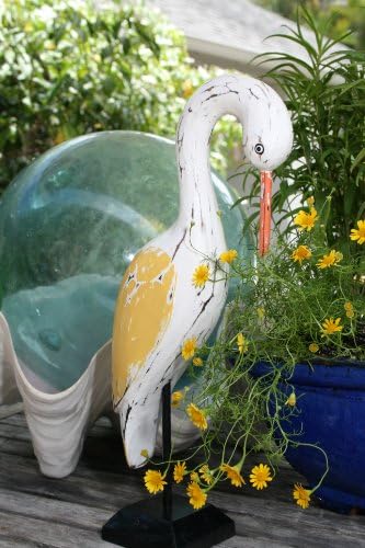 Decorative Egret Bird 14" Wooden - Rustic Yellow Nautical Accent | #ort1704934y