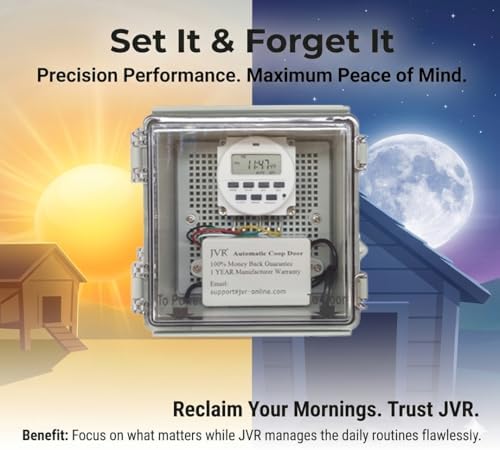 JVR Automatic Chicken Coop Door, Programmable Timer, Anti-Pinch, Aluminum | Heavy-duty aluminum door with industrial screw-rod actuator, anti-pinch sensor, and 11 x 12 in opening; timer schedule only