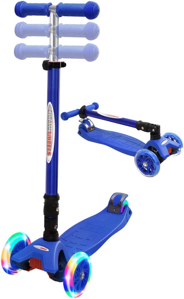 ChromeWheels Foldable Scooters for Kids, Deluxe Kick Scooter 4 Adjustable Height 132lbs Weight Limit 3 Wheel, Lean to Steer LED Light Up Wheels