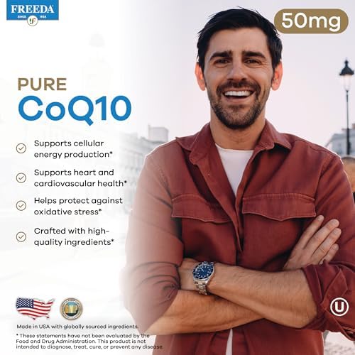 FREEDA CoQ10 50mg Vegan Coenzyme Q10 Supplement - 50 Count | Vegan Coq10 Supplement with 50mg Pure Ubiquinone to Support Cardiovascular Wellness