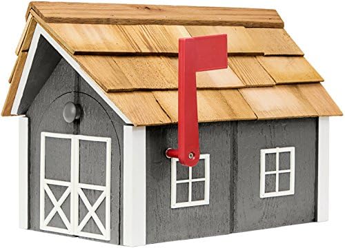 Amish-Made Deluxe Post Mount Wooden Mailbox with Cedar Shingles (Chestnut with White Trim)