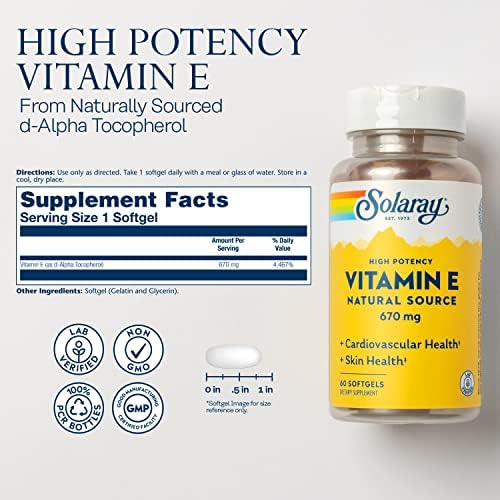 SOLARAY Vitamin E 1000 IU Softgel Capsules, 670 mg - d Alpha Tocopherol Vitamin E Supplements - Skin Health