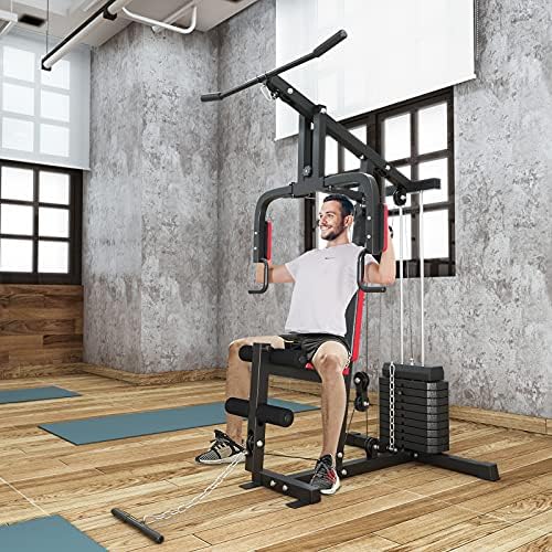 GYMAX Home Gym, Multifunctional Workout Equipment with Leg Extension, Pulley System & 100lbs Weight Stack, Full Body Strength Training Machine