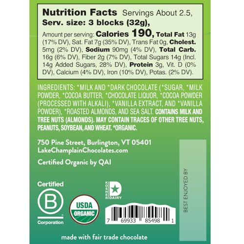Lake Champlain Chocolates 12 Pack Bar, Dark Milk Chocolate with Sea Salt and Almonds, 3 Ounce