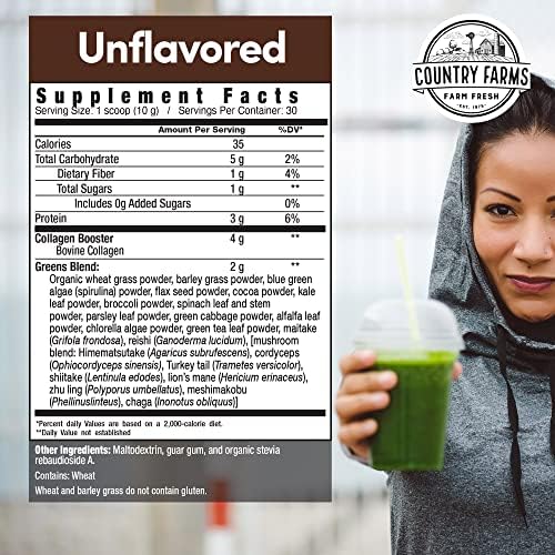 Country Farms Collagen Peptides Powder with Greens Dietary Powder Supplement (Type I, III) for Skin Hair Nail and Joints, Dairy/Sugar Free, Energizing Superfoods, Natural, 10.6 Oz 30 Servings