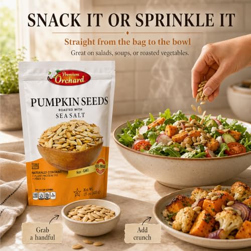 ROASTED PUMPKIN SEEDS to Eat in Shell by Premium Orchards MIXED NUTS - Salted with Sea Salt - Non-GMO Vegan Fresh Healthy Snacks/ - Great source of Plant Protein, Zinc, Magnesium & Iron - 1 Bag