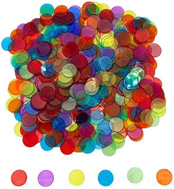 JUNWRROW 500 PCS 3/4 inch Transparent 6 Color Bingo Counting Chips with Bag