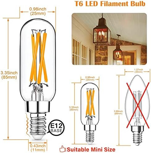 12 Pack E12 LED Edison Bulbs, 4W Dimmable T6, 2700K Warm White | Equal 40W, Dimmable T6 T25 LED Bulb, 420lm, No flicker, Candelabra light bulb for Chandelier, Ceiling Fan, Not E26 Base