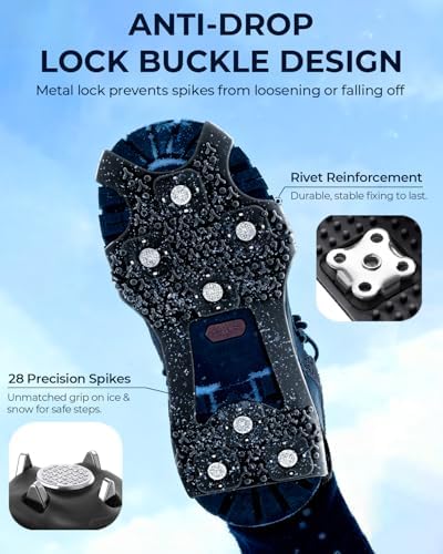 Sportneer Crampons： Ice Cleats for Shoes and Boots with 28 Spikes - Traction Slip-on Stretch Footwear for Walking and Shoveling on Ice and Snow - Lightweight for Women and Men