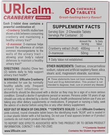 Uricalm Cranberry Dietary Supplement Chewable with D-Mannose, 60 Count | Powerful combination of cranberry and D-Mannose to help maintain a healthy urinary tract*.