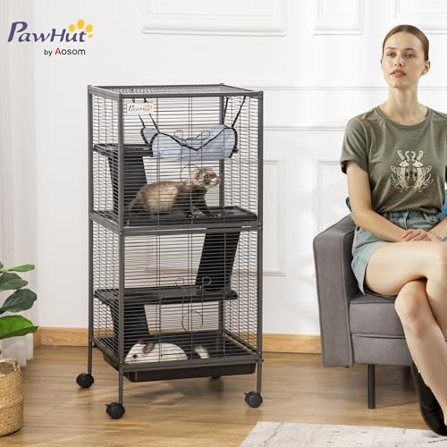 PawHut Metal Small Animal Cage, 4-Tiers Rolling Big Ferret Cage, Gray