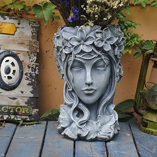 Sungmor Creative Goddess Head Planter Statue for Garden Ornaments | 9×9×14 Inch Premium Resin | Cool Face Large Diameter Flower Pot for Patio Lawn