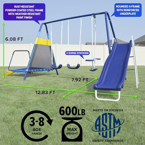 Sportspower Almansor Metal Swing, Slide and Trampoline Set with Slide