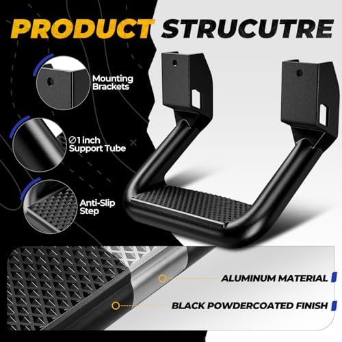 Auto Dynasty 1 Inch Universal Side Step with Mounting Brackets | Aluminum Step Rails Side Hoop Steps for Pickups & Trucks, Black Powder Coated
