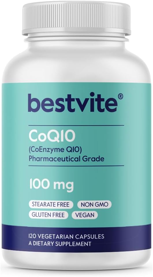 BESTVITE Coenzyme CoQ10 100mg (120 Vegetarian Capsules) Naturally Fermented - No Stearates - No Fillers - Vegan - Non GMO - Gluten Free | Vegan - Gluten Free - Non GMO - Coenzyme Q10 Supplement - Antioxidant for Heart & Energy Support* - Easy to Swallow…