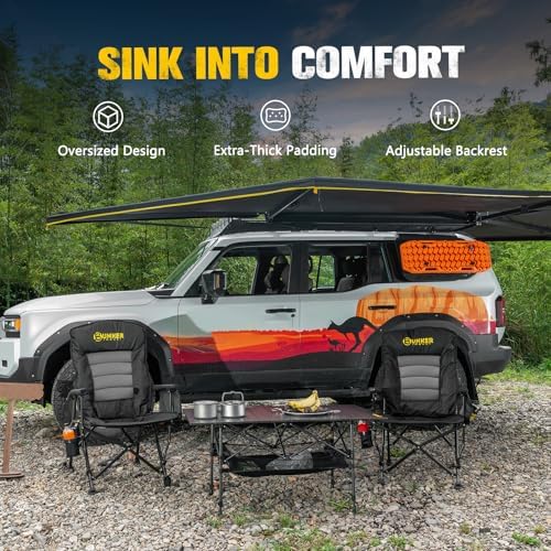 BUNKER INDUST Folding Camping Chair, Oversized with Padded Cushion, Outdoor Chair with Cup Holder Storage Pockets