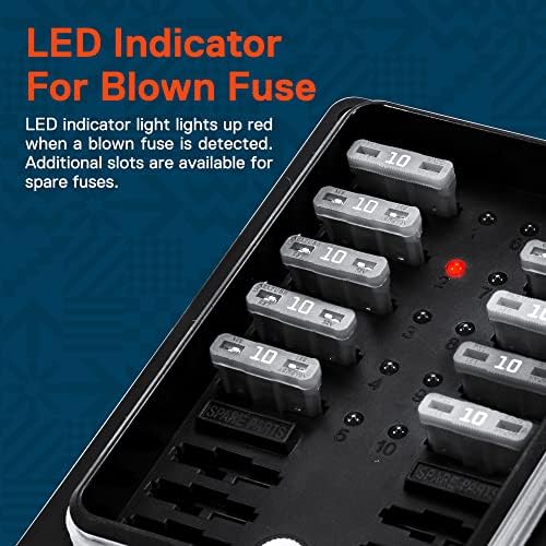 True Mods 10 Way Waterproof Fuse Box for Automotive [ATC/ATO Blade Fuses] [250 Amp] [Up to 25A per Socket] [LED Indicator] [12V - 32V DC] Auto