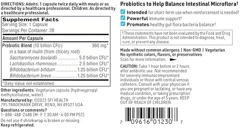 Klaire Labs SFI Health ABX Support Probiotic - 10 Billion CFU Supplement for Support During Antibiotic Therapy, Hypoallergenic & Non-Dairy (28 Capsules) | 10 Billion CFU Supplement for Support During Antibiotic Therapy, Hypoallergenic & Non-Dairy