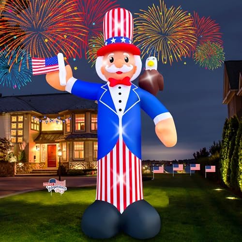 SEASONBLOW 12FT Independence Day Inflatable Uncle Sam with Bald Eagle Decorations Patriotic 4th of July LED Light Up Blow up Flag for Home Yard Lawn