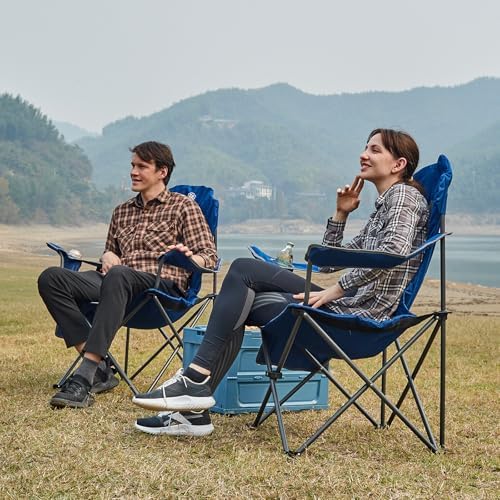 EVER ADVANCED High Back Folding Camping Chair Oversized and Fully Padded, Portable Quad Camp Lawn Chair Up to 400 lbs, with Cup Holder Armrest Carrying Bag