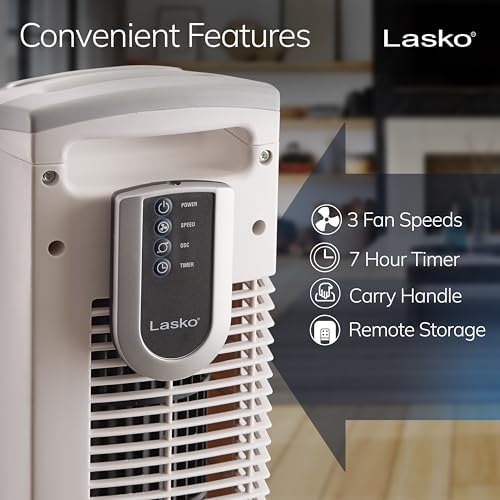 Lasko Oscillating Tower Fan with Remote Control - 36" - 2510 - White | Timer, Quiet Standing Fan for Bedroom, Office, and Home, 3 Speeds, Powerful Cooling Air