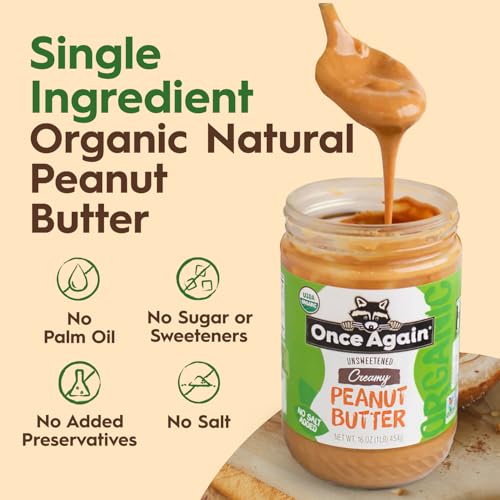 Once Again Organic Creamy Peanut Butter No Sugar Added - Single Ingredient, Unsalted, Natural Peanut Butter No Palm Oil - Glass Jar, Non-GMO, Gluten Free - Smooth and Unsweetened - 1 Jar (16 oz) | Unsalted, Natural Peanut Butter No Palm Oil, Glass Jar, N…
