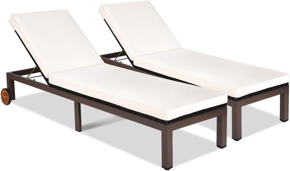 Tangkula Patio Chaise Lounge Chair, Outdoor Rattan Lounger Recliner Chair with Wheels, Wicker Chaise Chair W/Cushioned Seating