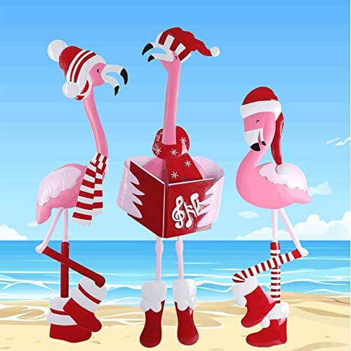 Haute Decor Outdoor Christmas Caroling Flamingos Trio Yard Decor - Sturdy Weatherproof Metal Construction, 3 Holiday Flamingos, Yard Stakes Included